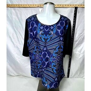 Yumi ~ Geometric Print Blouse ~ Size US 8/10 ~ 3/4 Sleeve Chain Trim Top
